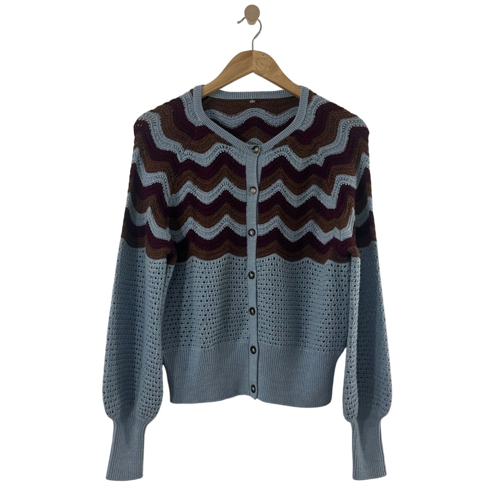 Light Blue Crochet Chevron Zigzag Puff Sleeve Button Front Cardigan Sweater